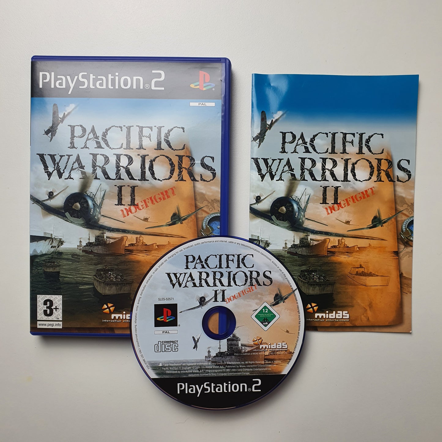 A PlayStation 2 video game for 'Pacific Warriors II' with a case, disc, and manual.