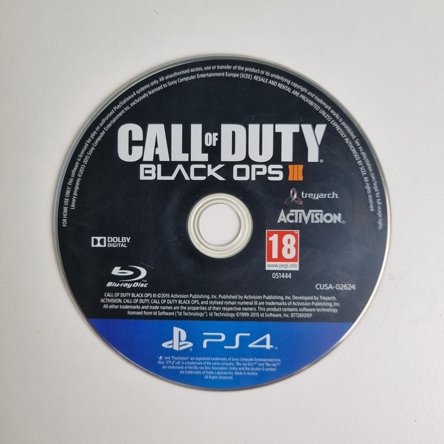 Official Sony PlayStation PS4 game disc 'Call of Duty: Black ops 3' game disc on a white background