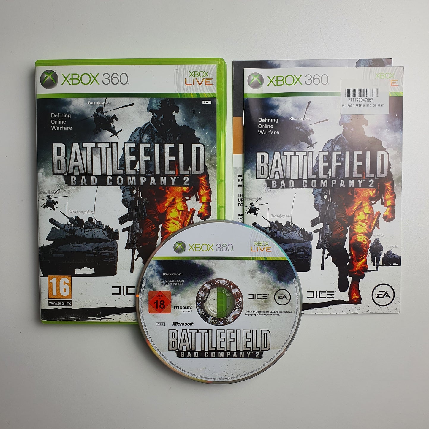 Xbox 360 game disc and case for 'Battlefield: Bad Company 2' on a white background