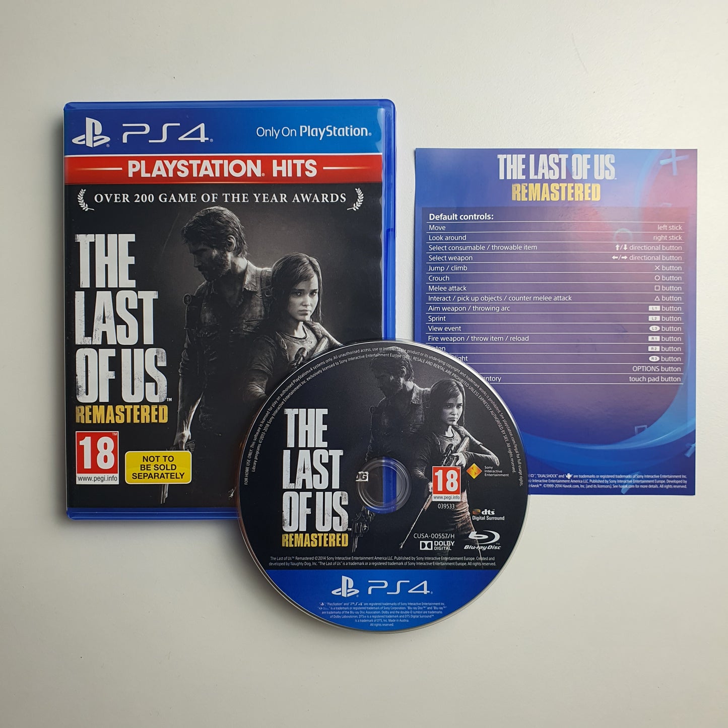 Game disc, case and inserts of 'The Last of Us Remastered' for PlayStation 4 on a light grey background