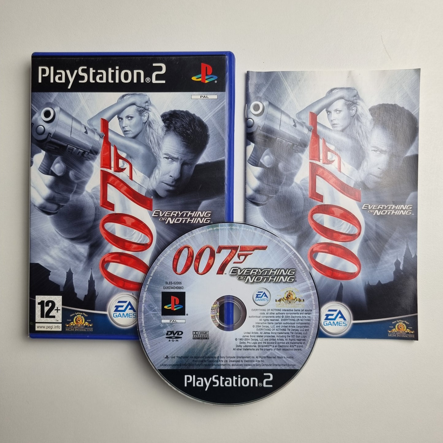 Official Sony PlayStation 2 pre-loved game titled '007: Everything or Nothing' with packaging and disc on a light gray background
