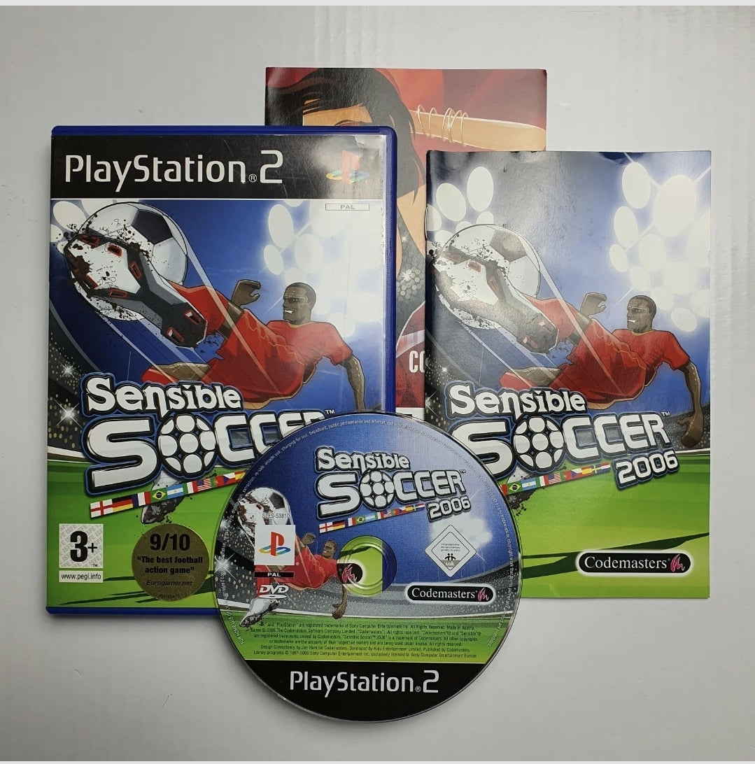 A PlayStation 2 game disc, case and manual for 'Sensible Soccer 2006' with cover showing a football player kicking a ball.