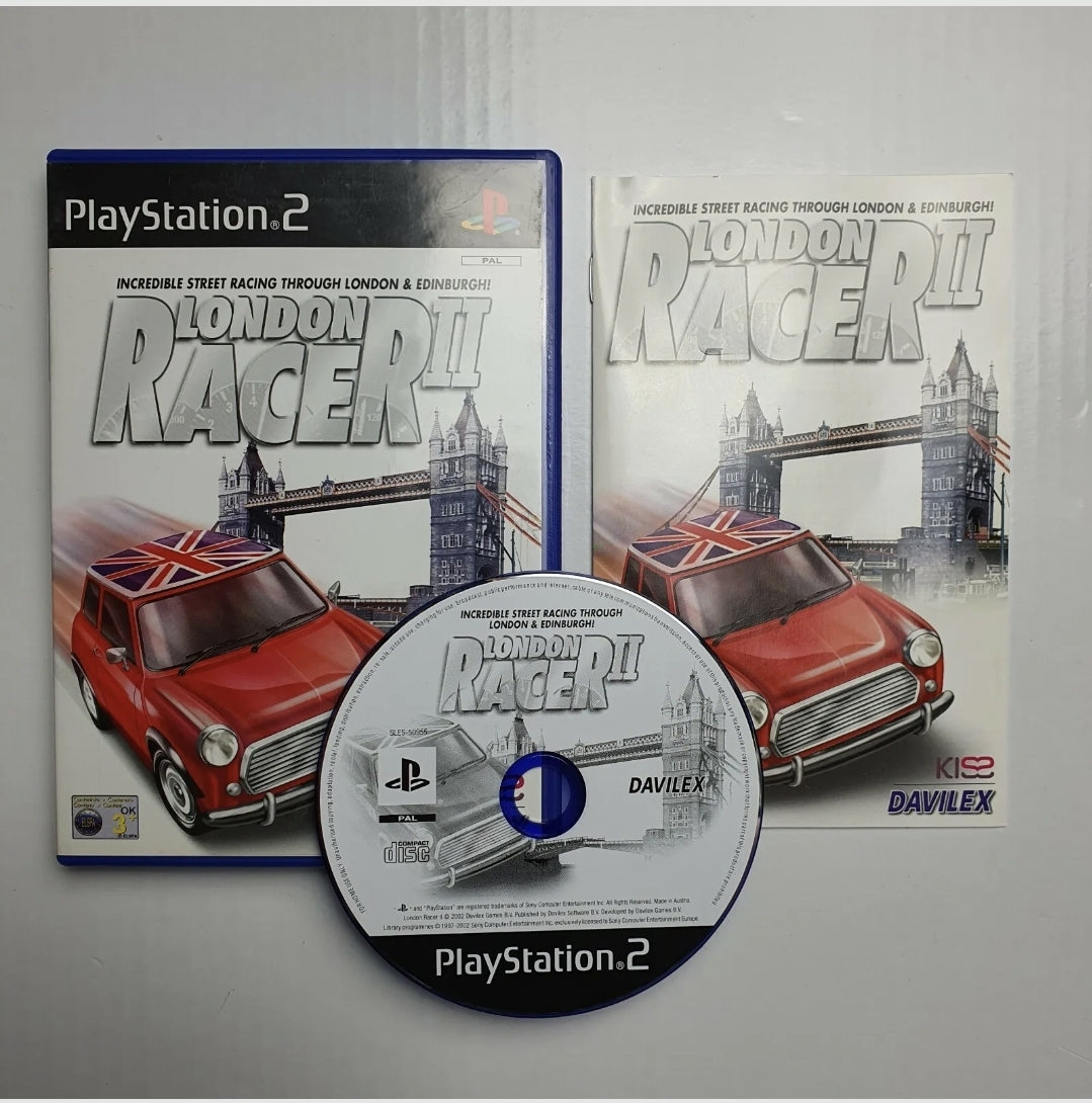 A PlayStation 2 game disc, manual and case for the game 'London Racer II' with a red car on the cover.