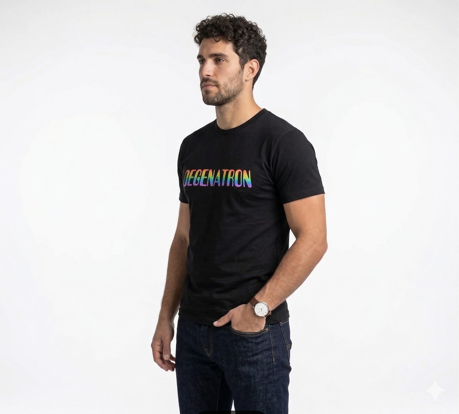 Man wearing a black t-shirt with colorful text on a white background