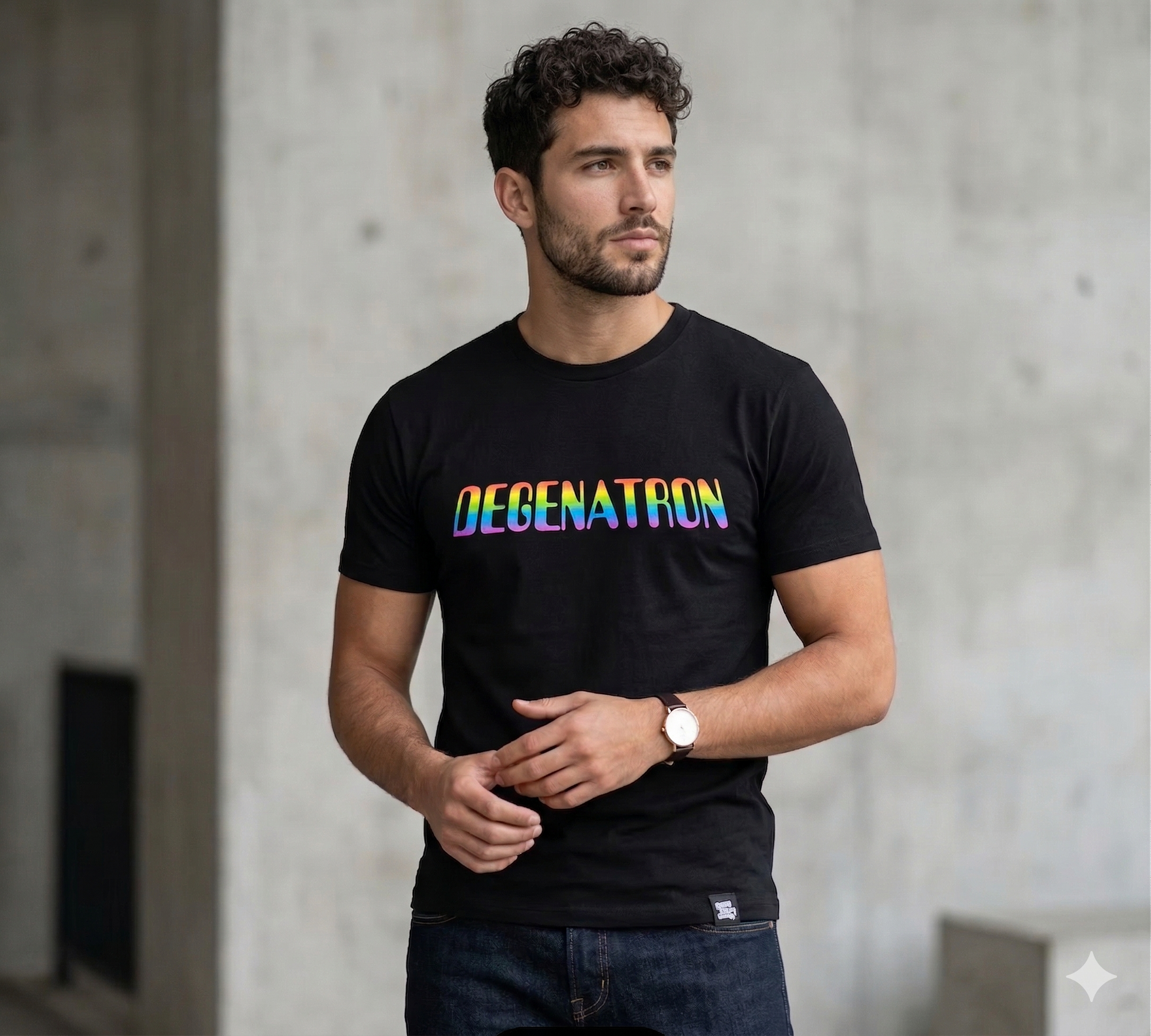 Man wearing a black t-shirt with colorful text standing against a concrete wall.