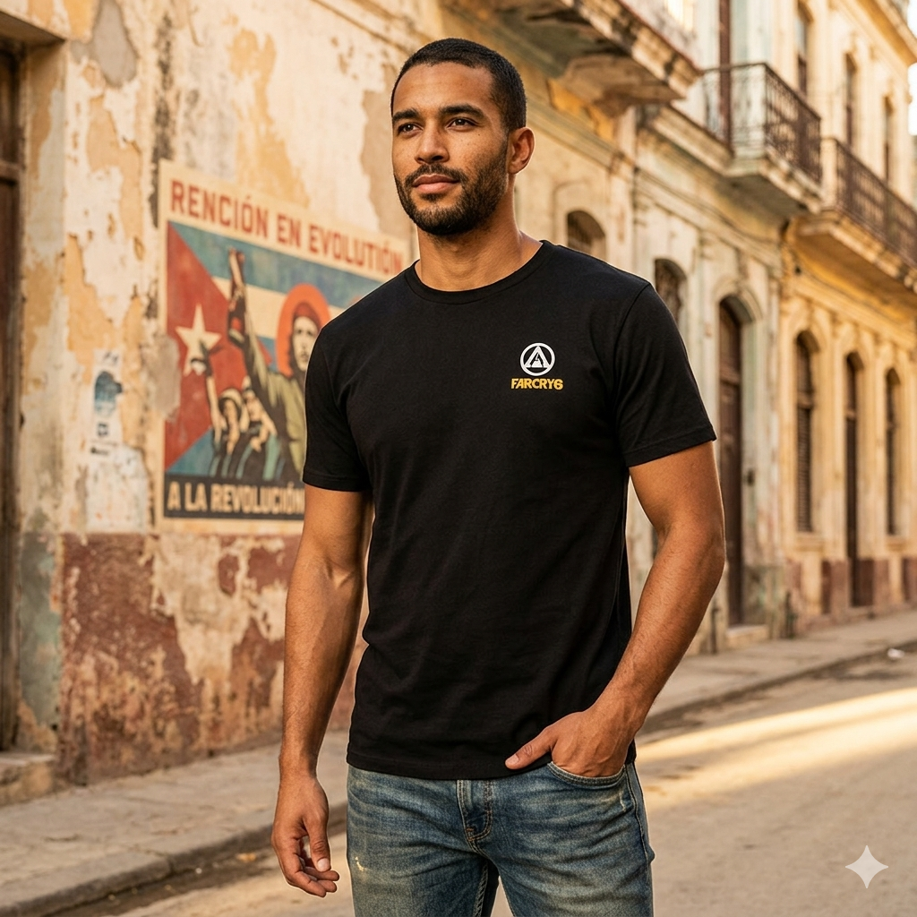 Man wearing a black t-shirt with a logo standing in front of a vintage building with posters.