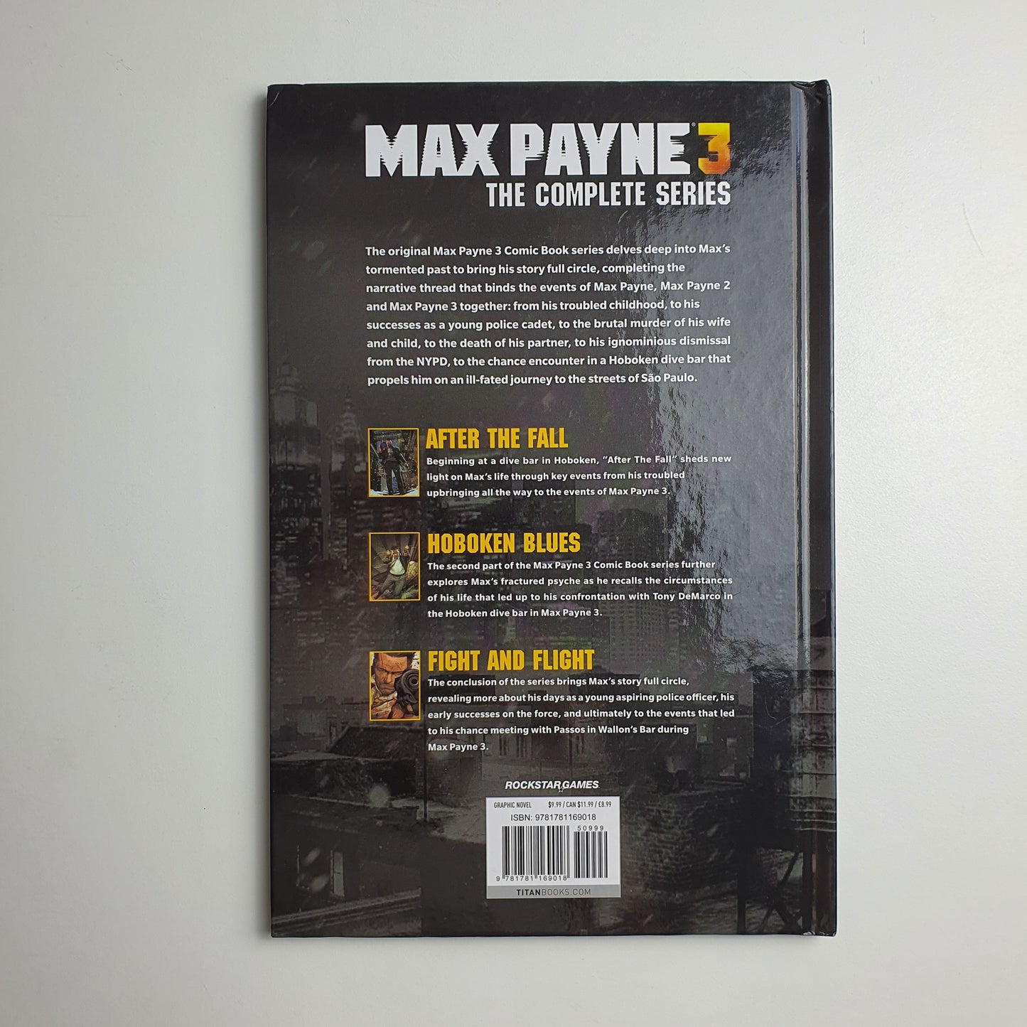 The back of a 'Max Payne 3: The Complete Series' graphic novel
