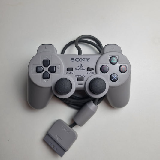 Refurbished official Sony PlayStation DualShock wired grey controller, on a white background.
