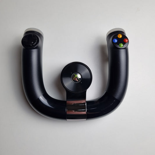 Official Xbox 360 black wireless speed wheel controller on a white background.