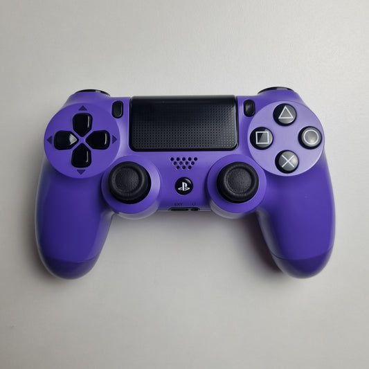 Electric purple official Sony PlayStation DualShock 4 refurbished gaming controller on a light gray background