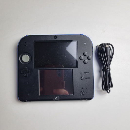 Refurbished Nintendo 2DS black handheld gaming console with two screens and a cable on a light grey background