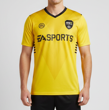 Person wearing a yellow sports jersey with EA Sports branding on a grey background