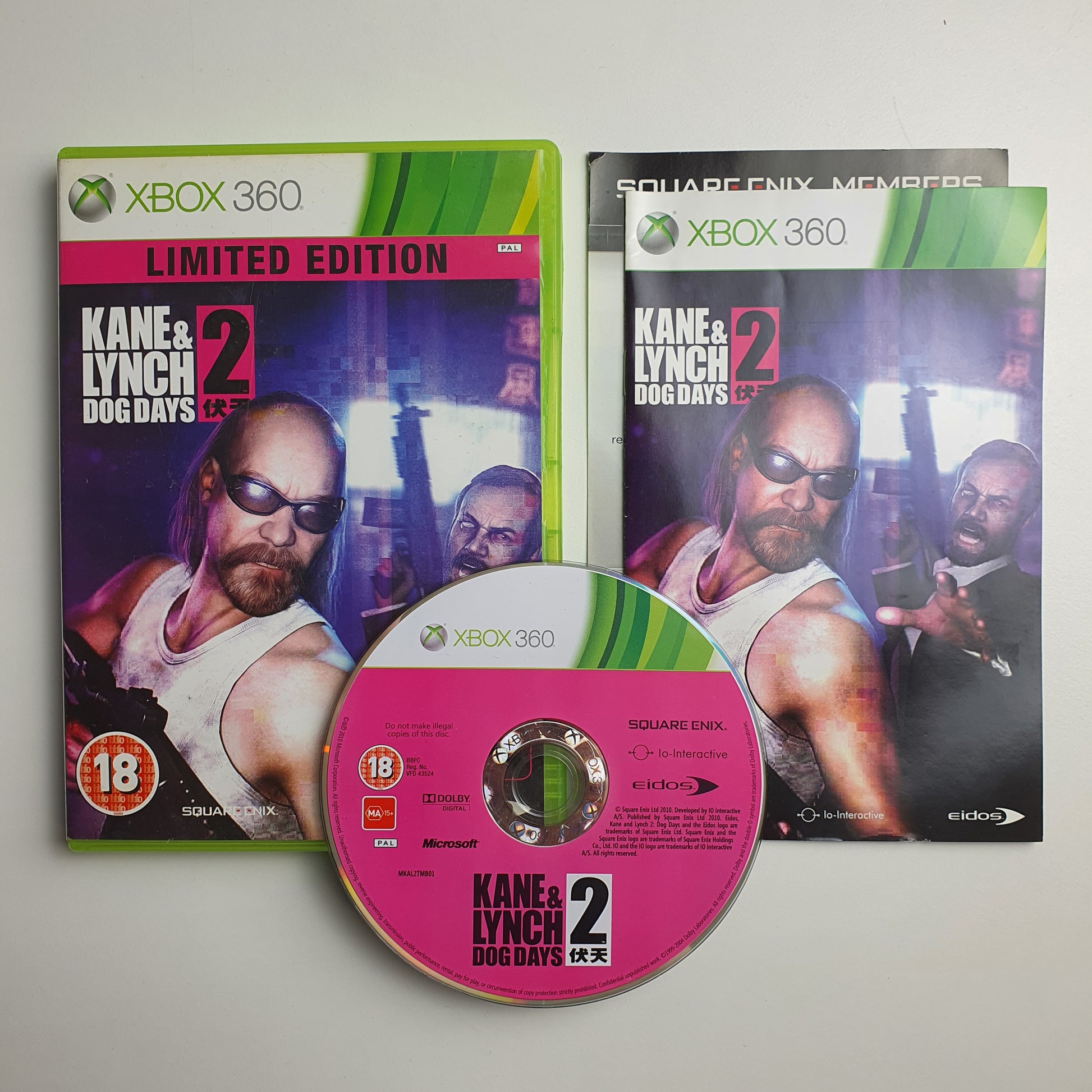 Xbox 360 game case and disc titled 'Kane & Lynch 2: Dog Days' on a light gray background