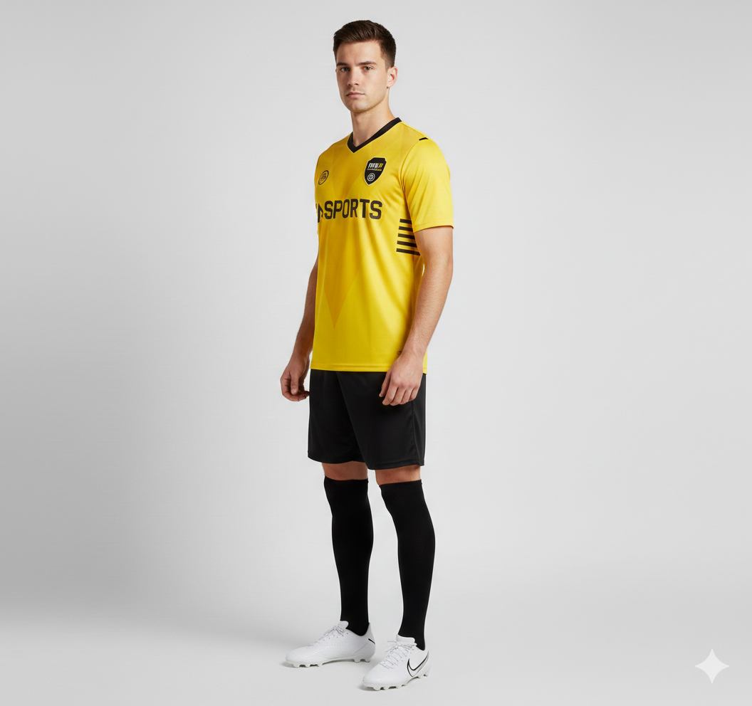 Person wearing a yellow sports jersey with black shorts on a white background
