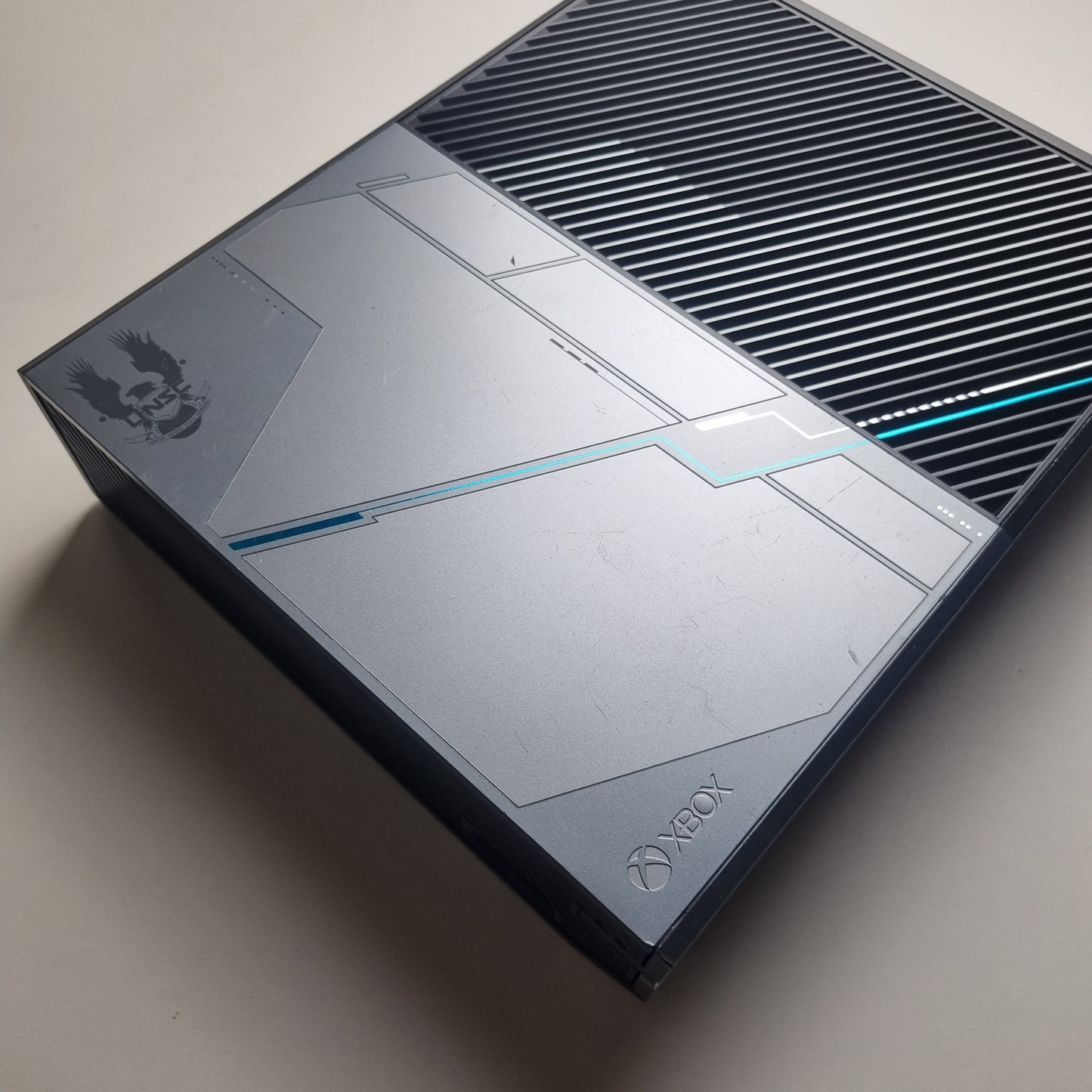 Close up official Microsoft Xbox One refurbished console limited edition Halo 5: Guardians 1 terabyte