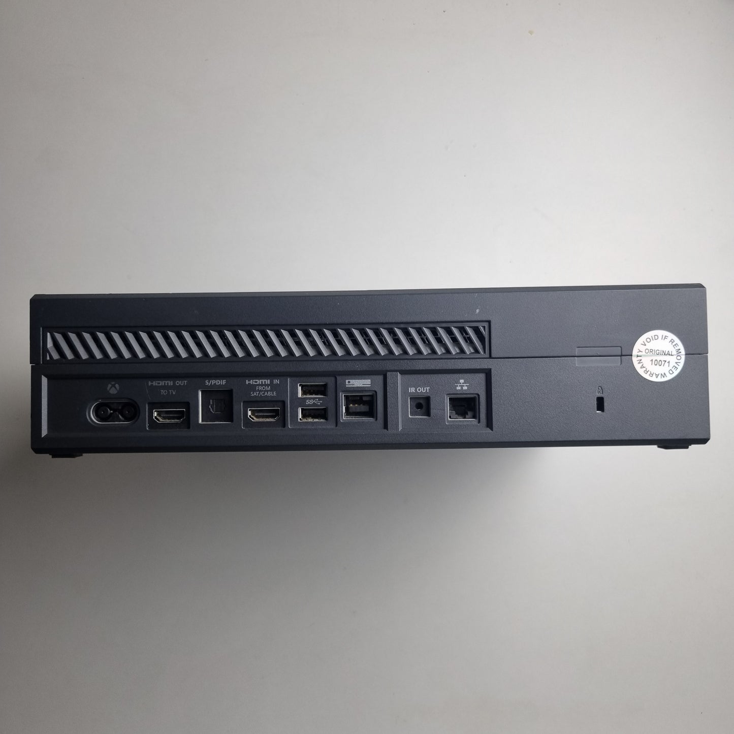 Back of an official Microsoft Xbox One refurbished console limited edition Halo 5: Guardians 1 terabyte