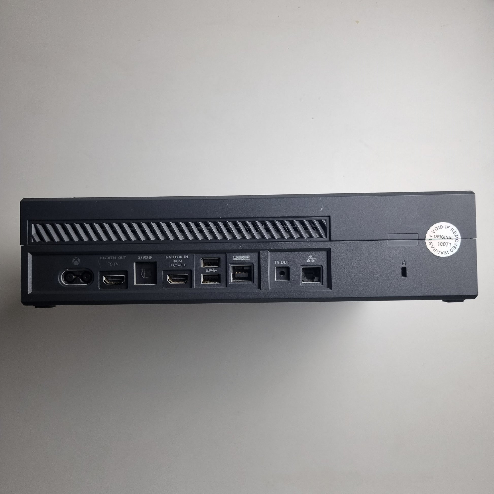 Back of an official Microsoft Xbox One refurbished console limited edition Halo 5: Guardians 1 terabyte