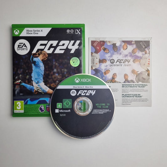 Xbox One & Series X|S game disc, case and insert for 'EA Sports: FC 24' on a grey background