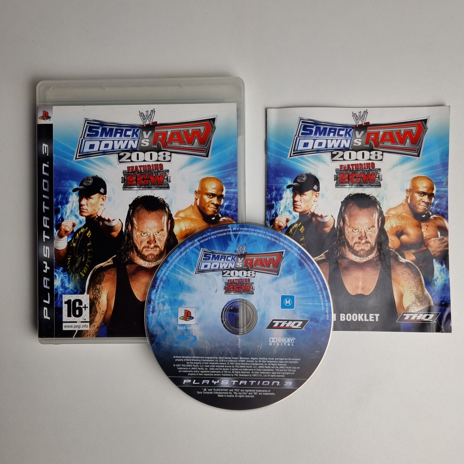Official Sony PlayStation 3 pre-loved game titled 'WWE SmackDown vs Raw 2008' with packaging and disc on a white background
