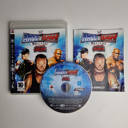 Official Sony PlayStation 3 pre-loved game titled 'WWE SmackDown vs Raw 2008' with packaging and disc on a white background