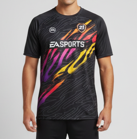 Black t-shirt with colourful design and 'EA Sports' logo on a grey background
