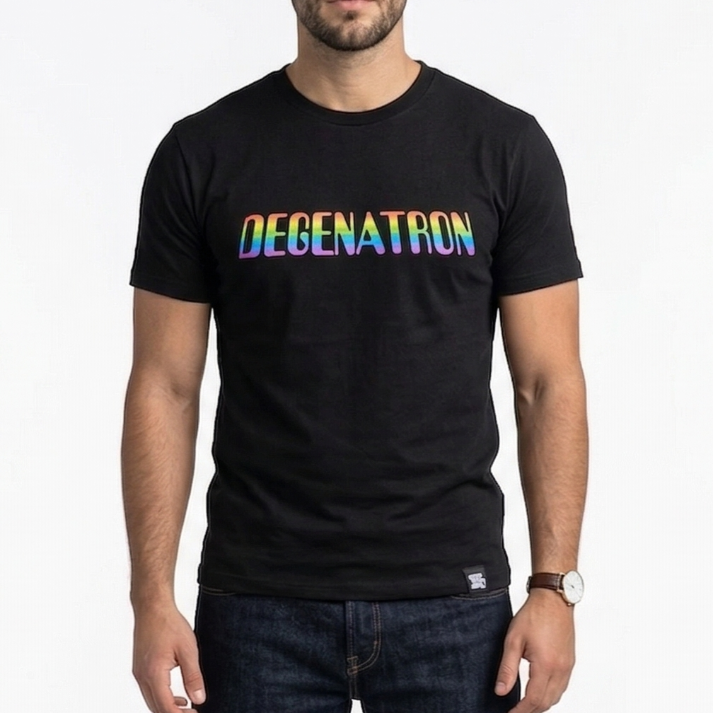Person wearing a black t-shirt with colorful text on a white background