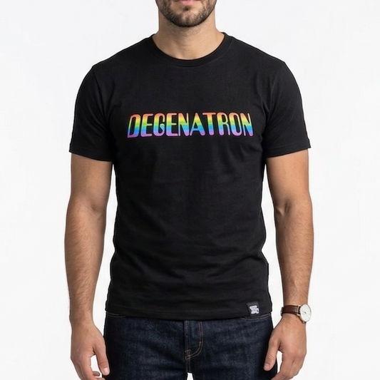 Person wearing a black t-shirt with colorful text on a white background