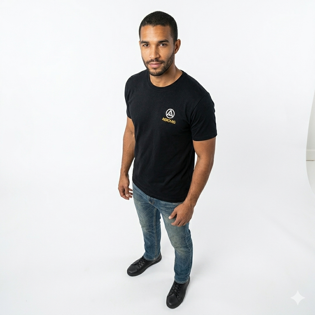 Man wearing a black t-shirt with a logo on a white background