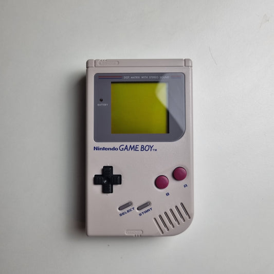 Refurbished grey Nintendo Game Boy  with burgundy action buttons on a white background