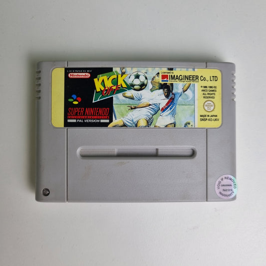 Super Nintendo game cartridge for 'Kick Off' on a white background