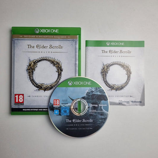 Xbox One game disc, case and insert for 'The Elder Scrolls Online: Tamriel Unlimited' on a grey background