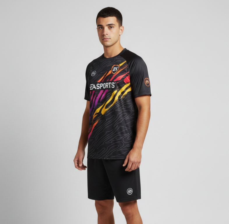 Person wearing a black sports outfit with colourful design and 'EA Sports' branding on a grey background
