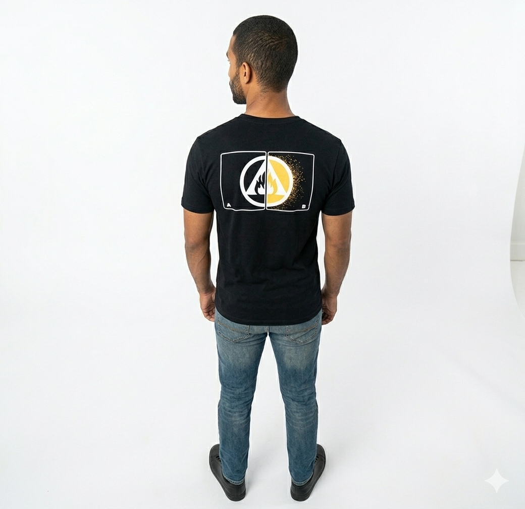 Man wearing a black t-shirt with a design on the back against a white background