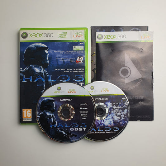 Halo 3 ODST game case, manual and discs on a grey background