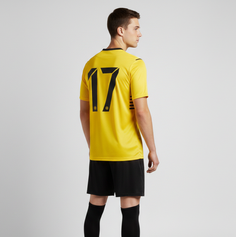Person wearing a yellow sports jersey with the number 17 on a gray background