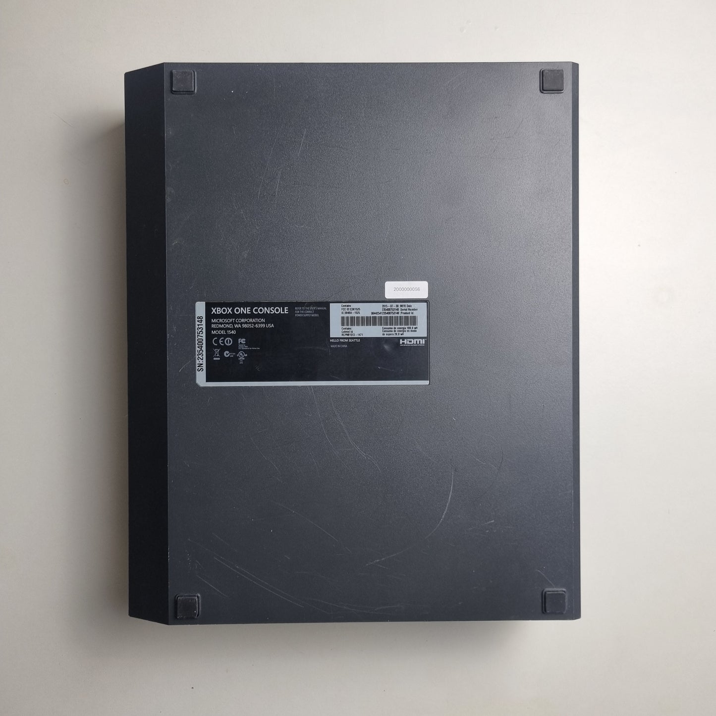 Under side of an official Microsoft Xbox One refurbished console limited edition Halo 5: Guardians 1 terabyte