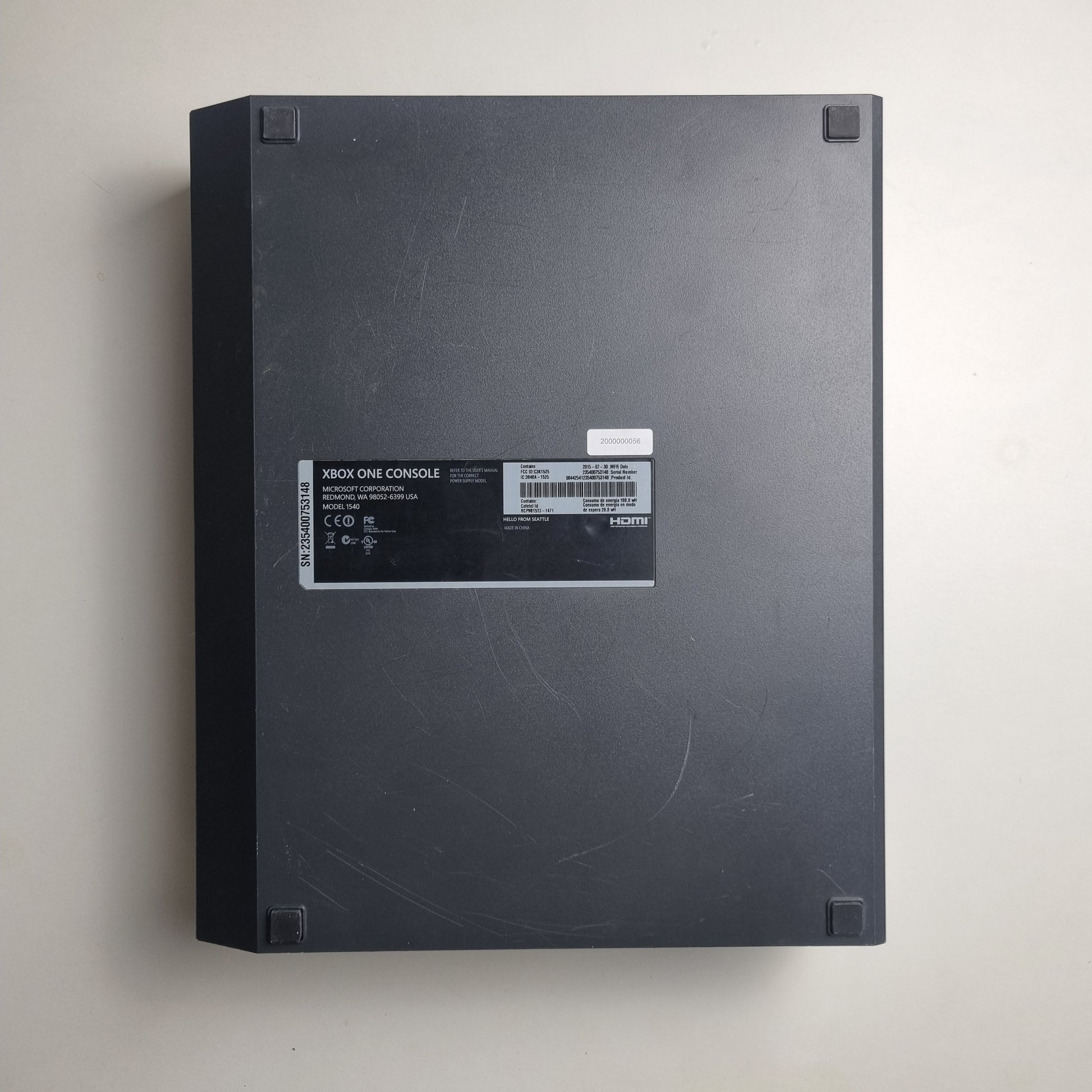 Under side of an official Microsoft Xbox One refurbished console limited edition Halo 5: Guardians 1 terabyte