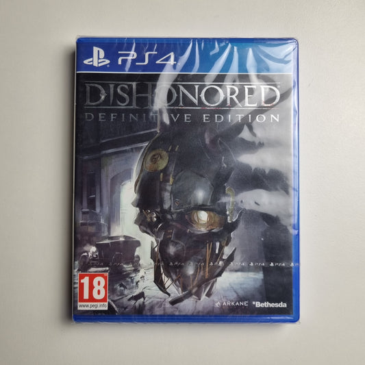 Brand New official Sony PlayStation 4 game titled 'Dishonored: Definitive Edition' with packaging and disc on a light gray background
