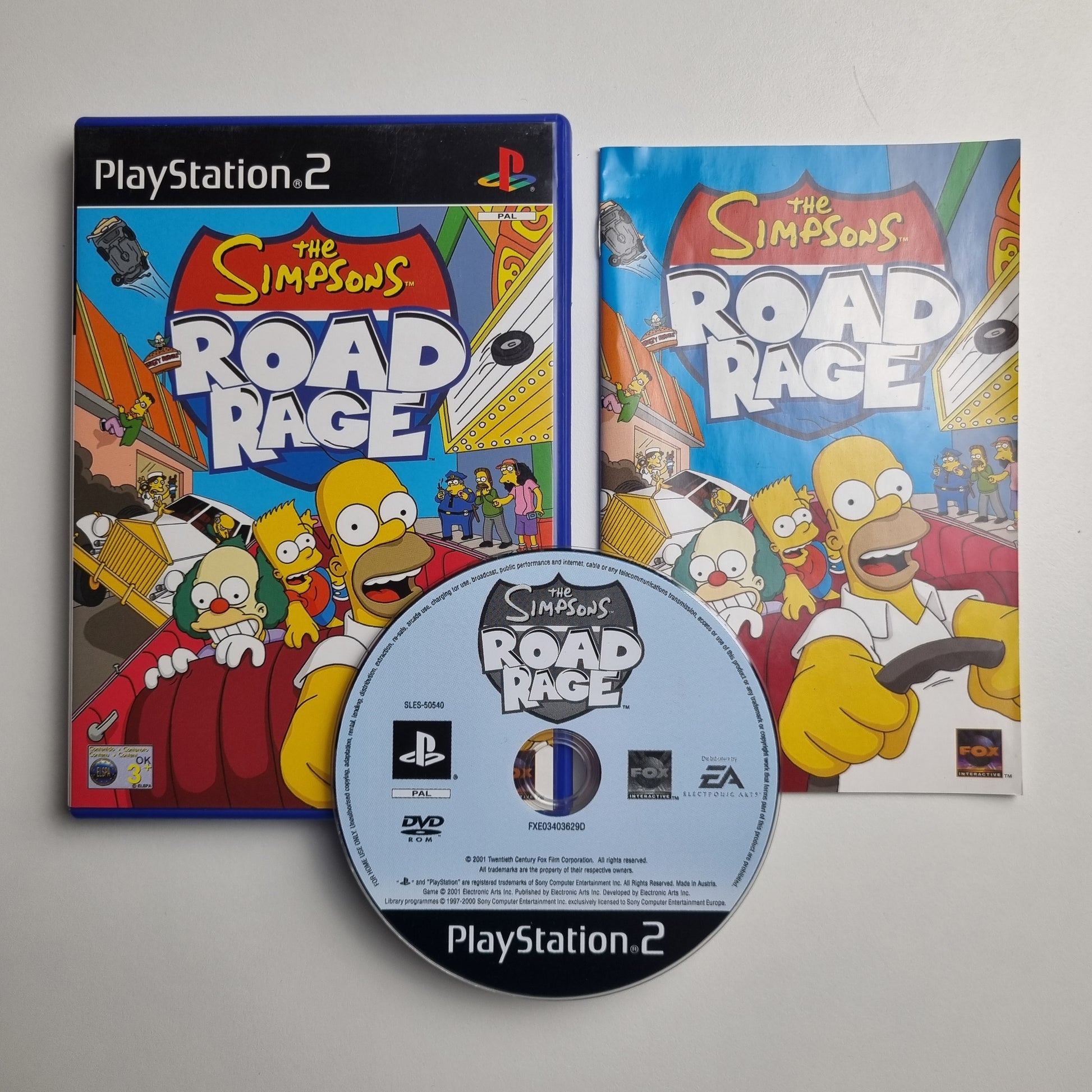 Official Sony PlayStation 2 pre-loved game titled The Simpsons Road Rage with packaging and disc on a gray background