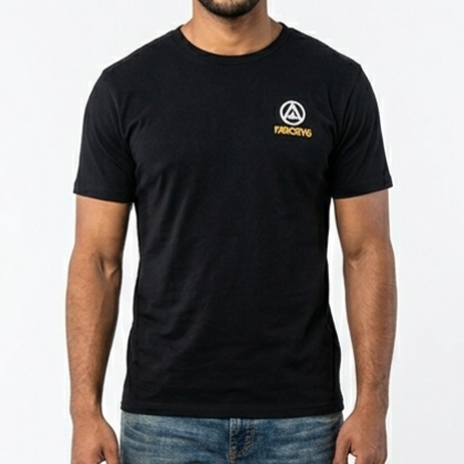 Person wearing a black t-shirt with a logo on a white background